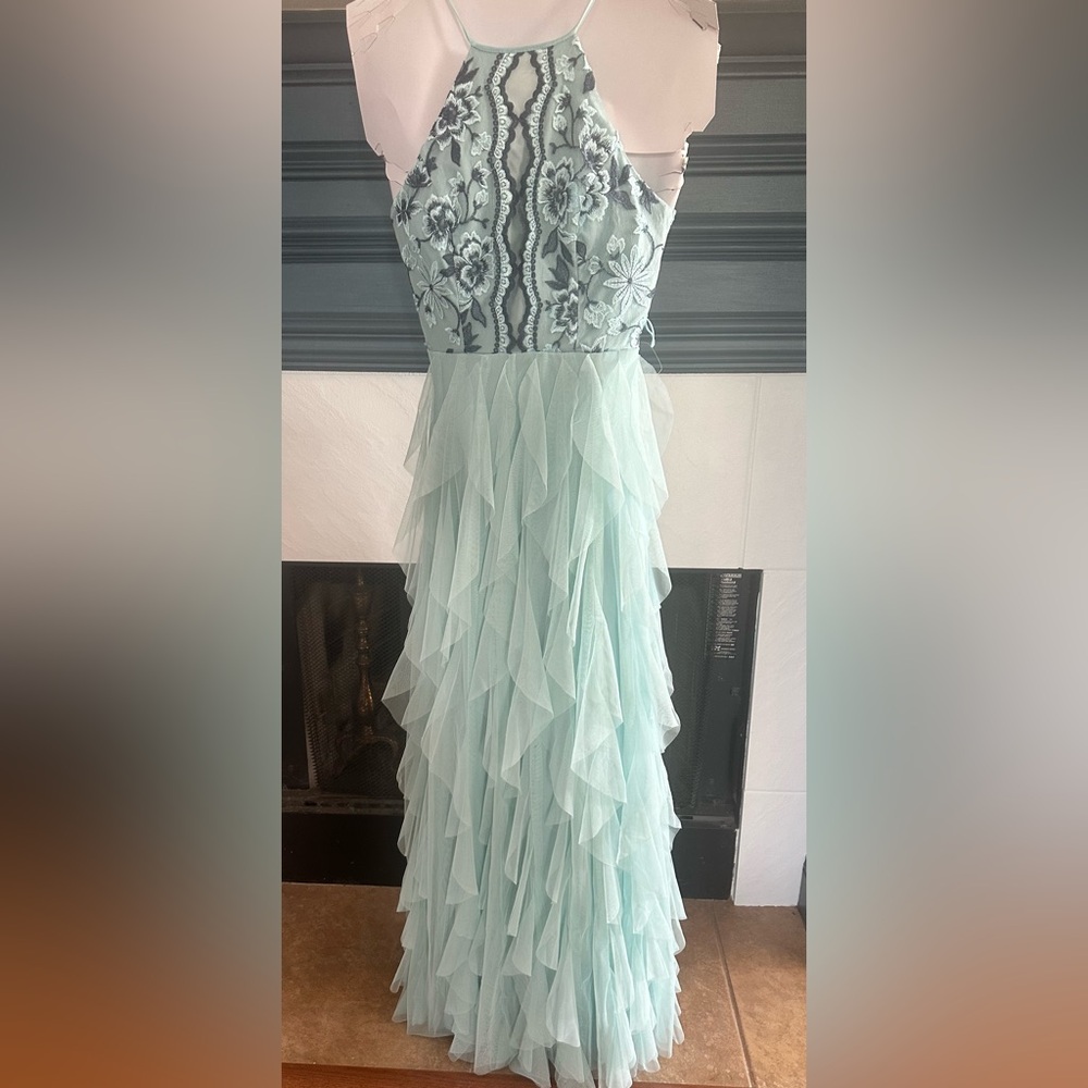 Size 0 soft turquoise floor length gown dress